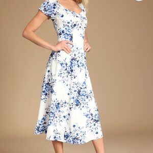 Lulus Linen Blend Midi Floral Dress S White Blue Puff Sleeves Cottagecore